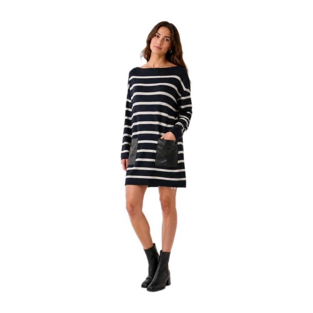 COS Striped Sweater Dress Leather Patch Pockets Navy Gray Boat Neck‎ XS